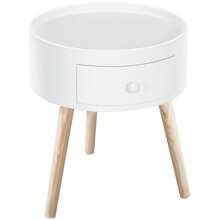HOMCOM Modern Side Table, Small Coffee Table, Round Bedside Table With Drawer And Wood Legs For Living Room, Bedroom, White - Brown - View 2
