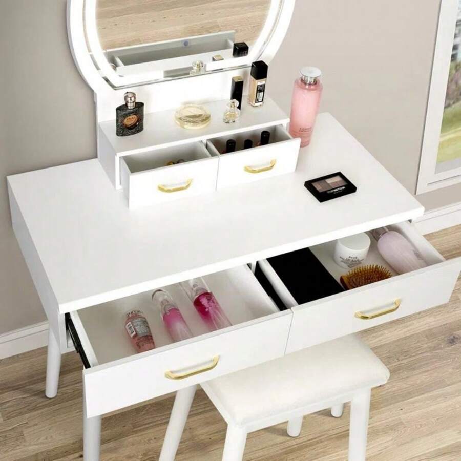 Compact Vanity Desk Set With Flip Top Mirror, LED Light, Makeup Vanity Table With Drawers For Small Space, Hidden Mini Vanity Dressing Table With Removable Upholstered Stool, Bedroom,White