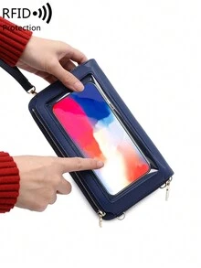 MIYIN 女性用長款錢包，真皮材質，帶RFID防盜功能，信用卡手拿包，小型斜背手機錢包，具有觸控屏幕手機袋和信用卡插槽的迷你肩袋手提包 - 寶藍色 - 查看 8