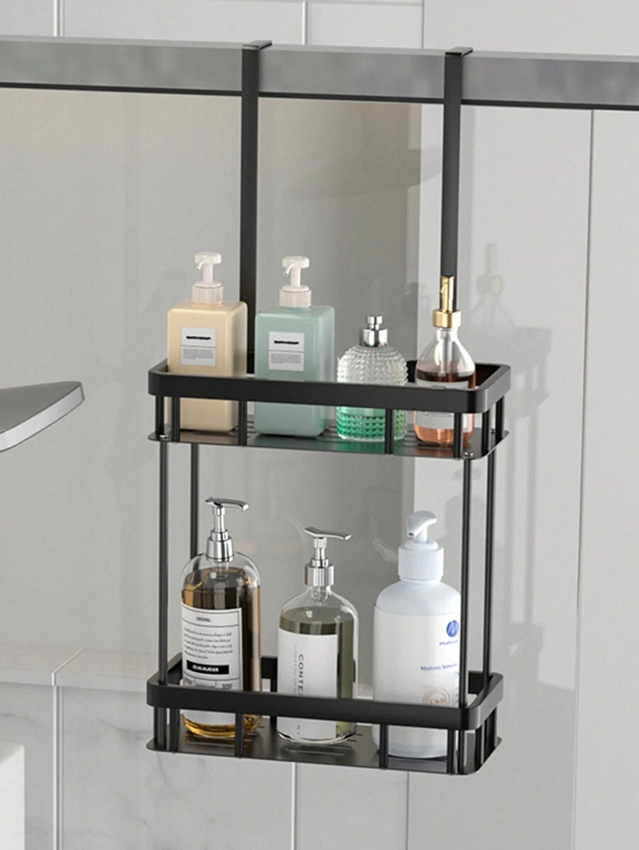 1件黑色2層門掛式收納架,帶後掛鈎-浴室掛式收納架,門掛淋浴籃,床頭牆面置物架,適用於臥室、廚房、客廳等 - 黑色 - 查看 1