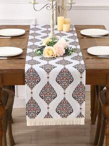 Miater 1入組波西米亞風格帶流蘇裝飾的防水桌布，亞麻印花圖案 - 白色 - 查看 1