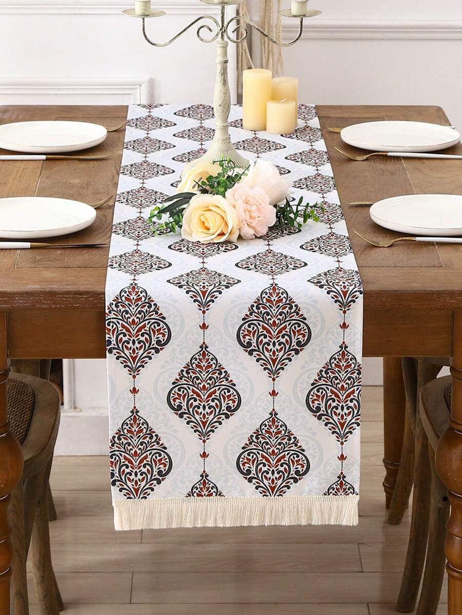 Miater 1入組波西米亞風格帶流蘇裝飾的防水桌布，亞麻印花圖案 - 白色 - 查看 1