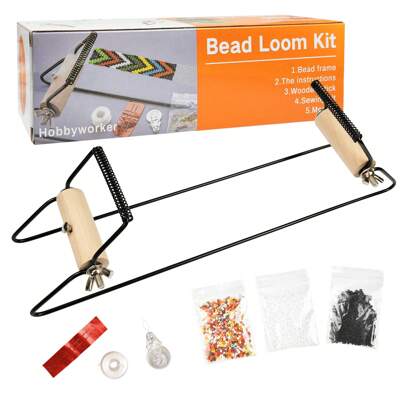 HOBBYWORKER Kit De Telar De Cuentas De Metal De Ancho Extra Para Aficionados, Que Incluye Telar Extra Ancho, Hilo, Agujas Y 3 Bolsas De Cuentas De Vidrio Para Pulseras, Collares , Cinturones Y Más