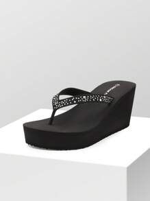 Women'S Platform Flip Flop Rhinestones Arch Support Comfortable Soft Cushion Wedge Flip Flops Summer Thong Sandals - màu đen - Xem 2