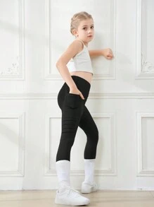 Tween Girl Yoga Leggings With Pockets, Compression Athletic Pants - Black - View 9