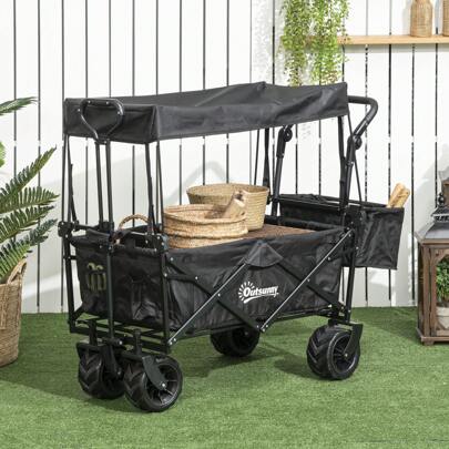 Outsunny Folding Trolley Cart Storage Wagon Beach Trailer 4 Wheels With Handle Overhead Canopy Cart Push Pull For Shopping Camping
