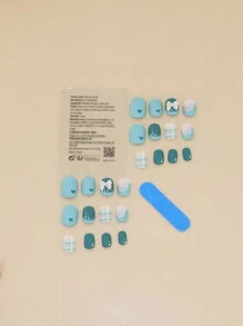 24入組綠色抹茶蝴蝶奶盖磨砂短款可拆式美甲貼紙，Press On 彎爪指甲，美甲工具 - 綠色 - 查看 2