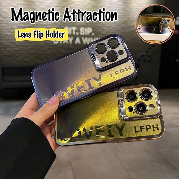 1pc Purple Color Electroplated Laser Anti-Drop Phone Case With Hidden Protection, Foldable Stand, Compatible With Iphone And Magsafe Charger