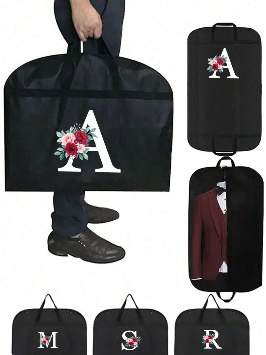 可攜式字母印花可折疊儲物袋，旅行手提袋完美的衣物袋，40"防塵衣物罩防水衣服防塵罩手提袋外套婚紗禮服套裝保護套，便於旅行、聚會、商務旅行、掛衣服套裝衣服包，適用於西裝、外套、T恤、夾克、學校組織袋、老師收納袋 - 黑色 - 查看 1