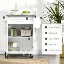HOMCOM Wooden Kitchen Island On Wheels, Serving Cart Storage Trolley With Stainless Steel Top, Drawer, Side Handle And Rack - White - View 6