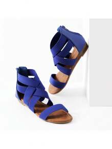 Women's Elastic Ankle Strap Low Wedges Sandals Casual Dressy Summer Flat Sandals Cute Gladiator Shoes - 寶藍色 - 查看 5
