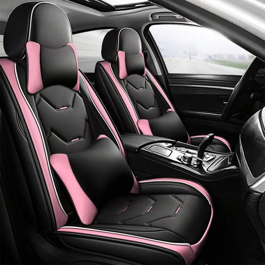 Universal Car Seat Covers Leather Front Back 5 Seats Full Set Automotive Seat Protector Replacement,Car Seat Cover Full Set, C0052 - 粉色 - 查看 1