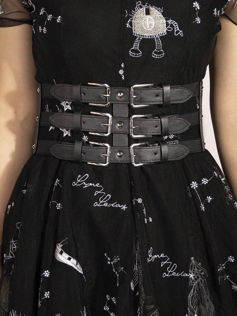Street Punk Black Elastic Waist Belt With Three Rows Of Buckles And Hollow Out Design Halloween Corset Summer, School - Black - View 1