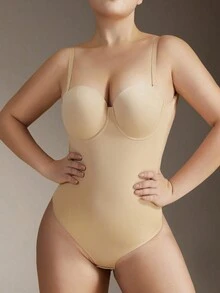 1pc Women's Backless Shapewear Bodysuit With Tummy Control Straps - Apricot - View 6