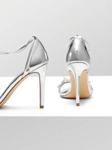 Women Butterfly High Heeled Sandals, Tie Leg Design Stilletos Heels, Sexy Square Toe Summer Heels, For Party Prom Wedding Summer Spring Wearing - Silver - View 4