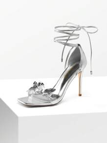 Women Butterfly High Heeled Sandals, Tie Leg Design Stilletos Heels, Sexy Square Toe Summer Heels, For Party Prom Wedding Summer Spring Wearing - Silver - View 1