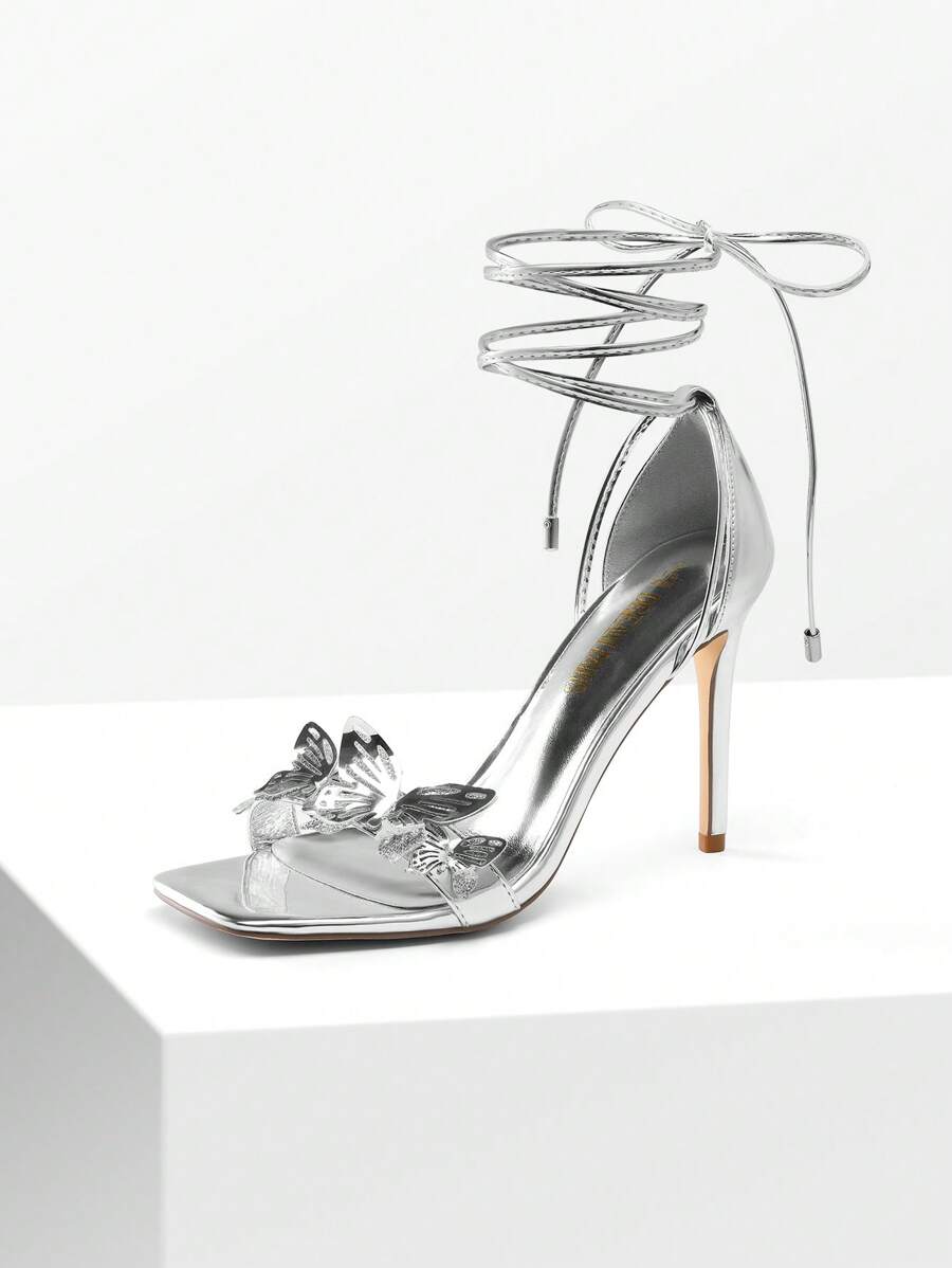 Women Butterfly High Heeled Sandals, Tie Leg Design Stilletos Heels, Sexy Square Toe Summer Heels, For Party Prom Wedding Summer Spring Wearing - Silver - View 1