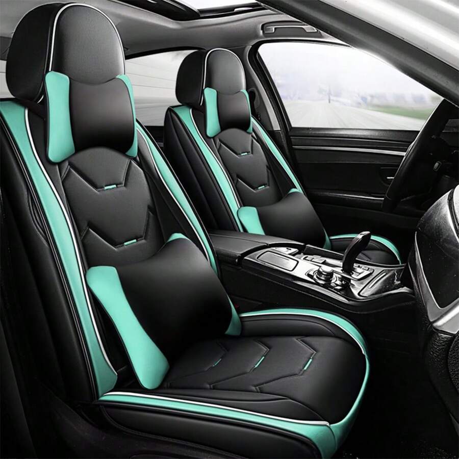 Universal Car Seat Covers Leather Front Back 5 Seats Full Set Automotive Seat Protector Replacement, P4630 - Màu xanh nhạt - Xem 1