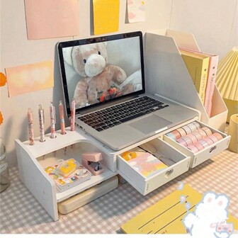 1pc White Diy Office Monitor Stand, Keyboard Storage Rack, Desktop Computer Riser, Desk Bookshelf, Desk Organizer Shelf