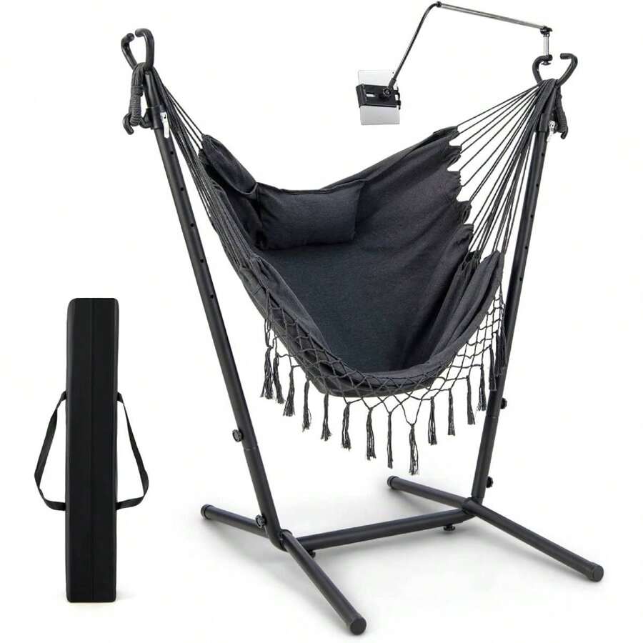 Hanging Chair With Frame, Height-Adjustable Hanging Chair With Headrest & Side Pocket & Mobile Phone Holder, U-Shaped & Space-Saving Hanging Seat For Living Room, Balcony, Garden, Pool