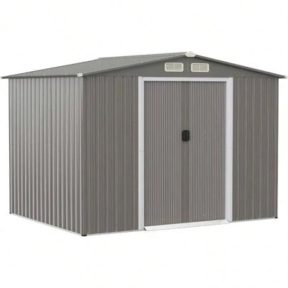 260 * 207 * 180 Cm Tool Shed With Foundation, 9.7 M³ Tool Shed With Sliding Doors, Ventilation Window And Gable Roof, Metal Garden Shed For Garden And Terrace (Light Gray)