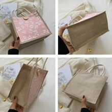 1/2/3件粗麻布手提袋，婚礼专用可重复使用包，日常使用，迷你手提袋，拉链帆布包，便携式双手柄手提袋，午餐礼品袋，沙滩包，带手柄纽扣的单肩手提包，三种颜色可供选择，情人节礼物，送给情侣的最佳礼物（纽扣款式和颜色随机发货）（由于材料原因，可能会出现断线。如果您介意，请谨慎下单） - 彩色 - 查看 7