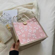 1/2/3件粗麻布手提袋，婚礼专用可重复使用包，日常使用，迷你手提袋，拉链帆布包，便携式双手柄手提袋，午餐礼品袋，沙滩包，带手柄纽扣的单肩手提包，三种颜色可供选择，情人节礼物，送给情侣的最佳礼物（纽扣款式和颜色随机发货）（由于材料原因，可能会出现断线。如果您介意，请谨慎下单） - 彩色 - 查看 2