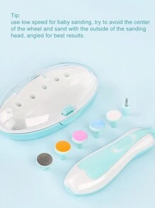 一套婴儿电动指甲锉，适合婴幼儿，6个磨头，4种速度模式，可用于修剪脚趾甲和手指甲。