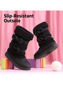 Girl's Mid Calf Snow Boots With Bow, Lined Warm & Comfortable Winter Boots - 黑色 - 查看 5