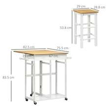 HOMCOM Kitchen Island Set With 2 Stools, Bamboo Breakfast Cart With Drop Leaf Top, Drawers And Towel Rack, Rolling Kitchen Cart And Chairs Set, White - White - View 4
