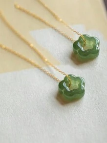 1pc Fashion 18K Gold Plated Stainless Steel Green Jade Stone Flower Star Pendant Necklace For Women Daily Decoration For Valentine'S Day Gift Valentines,Mom,Mother,Mother's Day,Gift