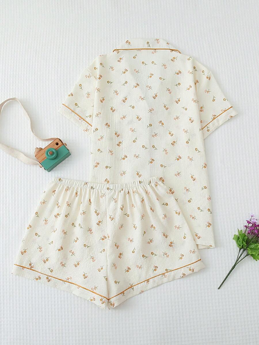 Women's Summer Sleepwear Set With Contrast Piping And Ditsy Floral Print, Including Button Down
