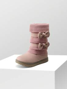 Girl's Mid Calf Snow Boots With Bow, Lined Warm & Comfortable Winter Boots - Hồng - Xem 4