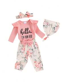 4 Stück Kleinkind Mädchen Outfit Brief Druck Langarm-strampler Mit Blumenhose Und Hut Bogen Stirnband Set