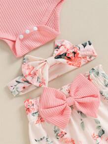 4 Stück Kleinkind Mädchen Outfit Brief Druck Langarm-strampler Mit Blumenhose Und Hut Bogen Stirnband Set