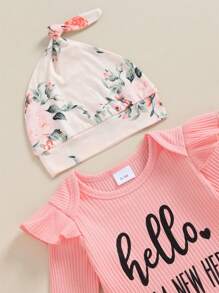 4 Stück Kleinkind Mädchen Outfit Brief Druck Langarm-strampler Mit Blumenhose Und Hut Bogen Stirnband Set