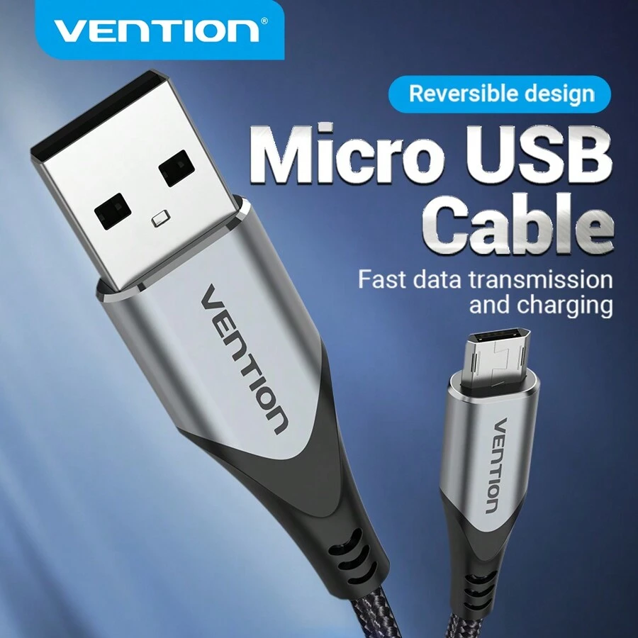 Cable Micro Usb Vention De Carga Rápida De 3a, Cable Usb Tipo A A Micro Tipo B De Nylon Trenzado Para Teléfonos Inteligentes Y Otros Dispositivos Android - Gris - Ver 1