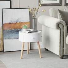 HOMCOM Modern Side Table, Small Coffee Table, Round Bedside Table With Drawer And Wood Legs For Living Room, Bedroom, White - Brown - View 7