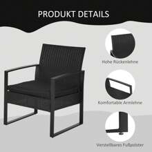 Outsunny Rattan Gartenmöbel Set Polyrattan Gartenmöbel Set 3 tlg. Balkonmöbel Set Gartenmöbel mit Kissen Garten Schwarz - Schwarz - Übersicht 8