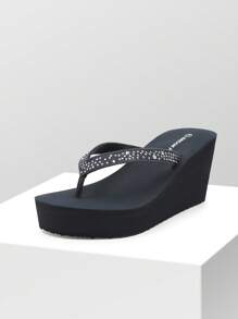 Women'S Platform Flip Flop Rhinestones Arch Support Comfortable Soft Cushion Wedge Flip Flops Summer Thong Sandals - 藏蓝色 - 查看 1