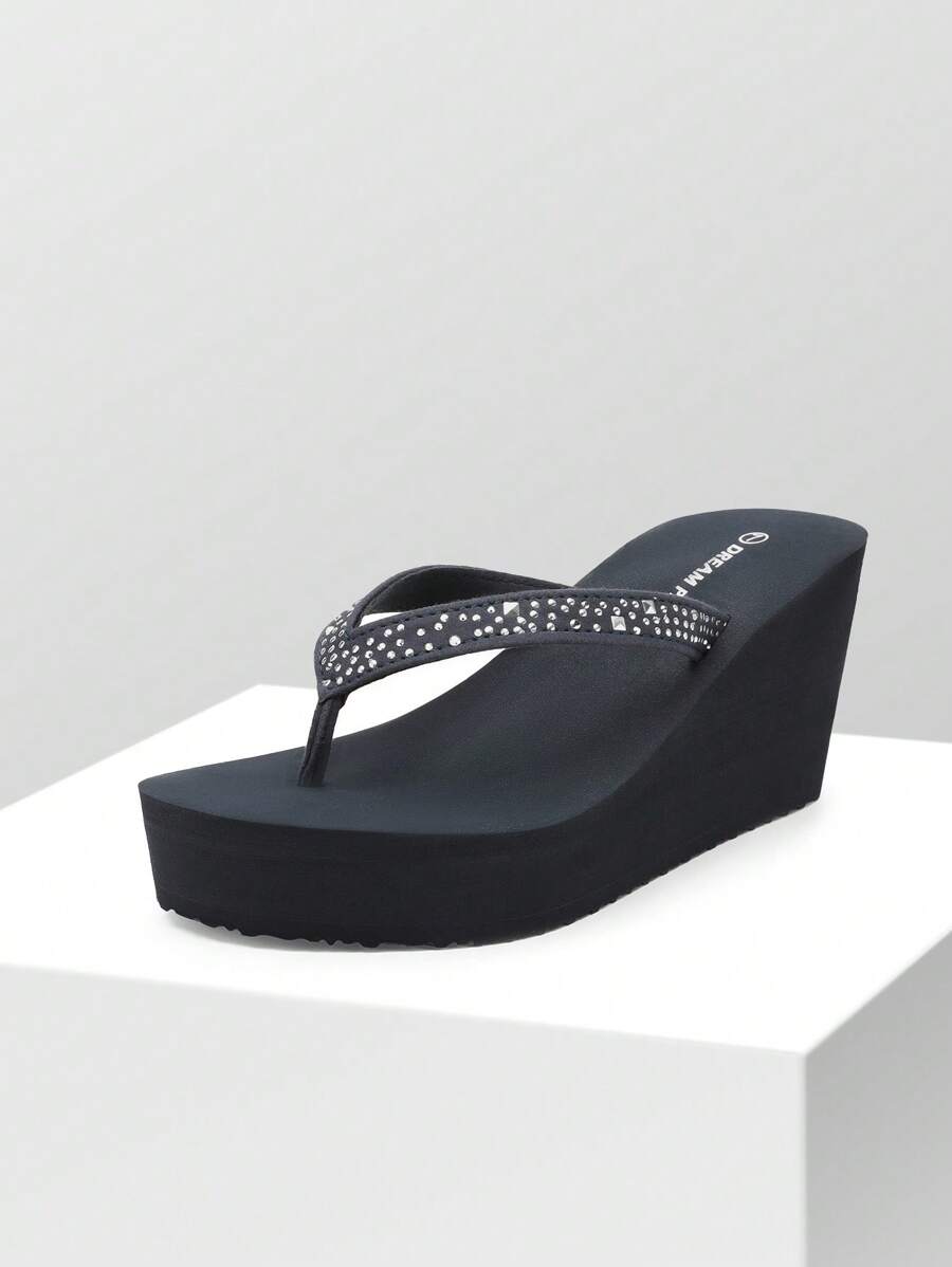 Women'S Platform Flip Flop Rhinestones Arch Support Comfortable Soft Cushion Wedge Flip Flops Summer Thong Sandals - 藏蓝色 - 查看 1