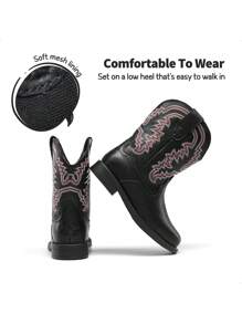 Kids Cowboy Boots, Western Style Riding Mid Calf Boots With Square Toe For Toddler & Little Boys And Girls - màu đen - Xem 9