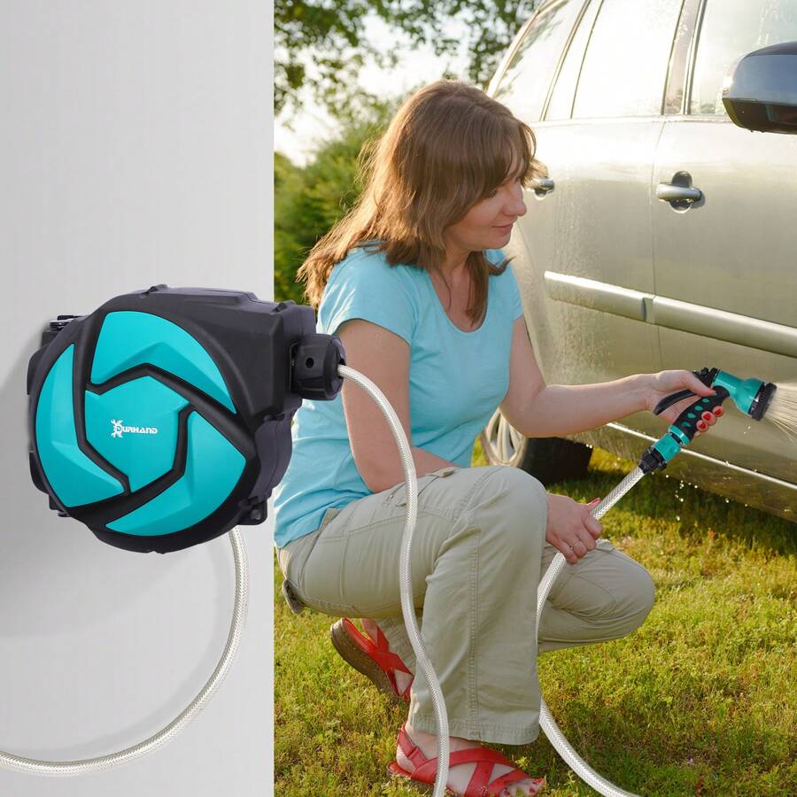 DURHAND 10m Garden Auto Hose Reel Wall Mounted Retractable 7 Patterns Spray Nozzle - Blue - View 1