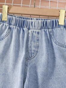 1 件女童牛仔裤，浅蓝色/中蓝色/深蓝色牛仔休闲直筒裤，松紧腰带，仿口袋，适合所有季节 - 淺色水洗藍 - 查看 3