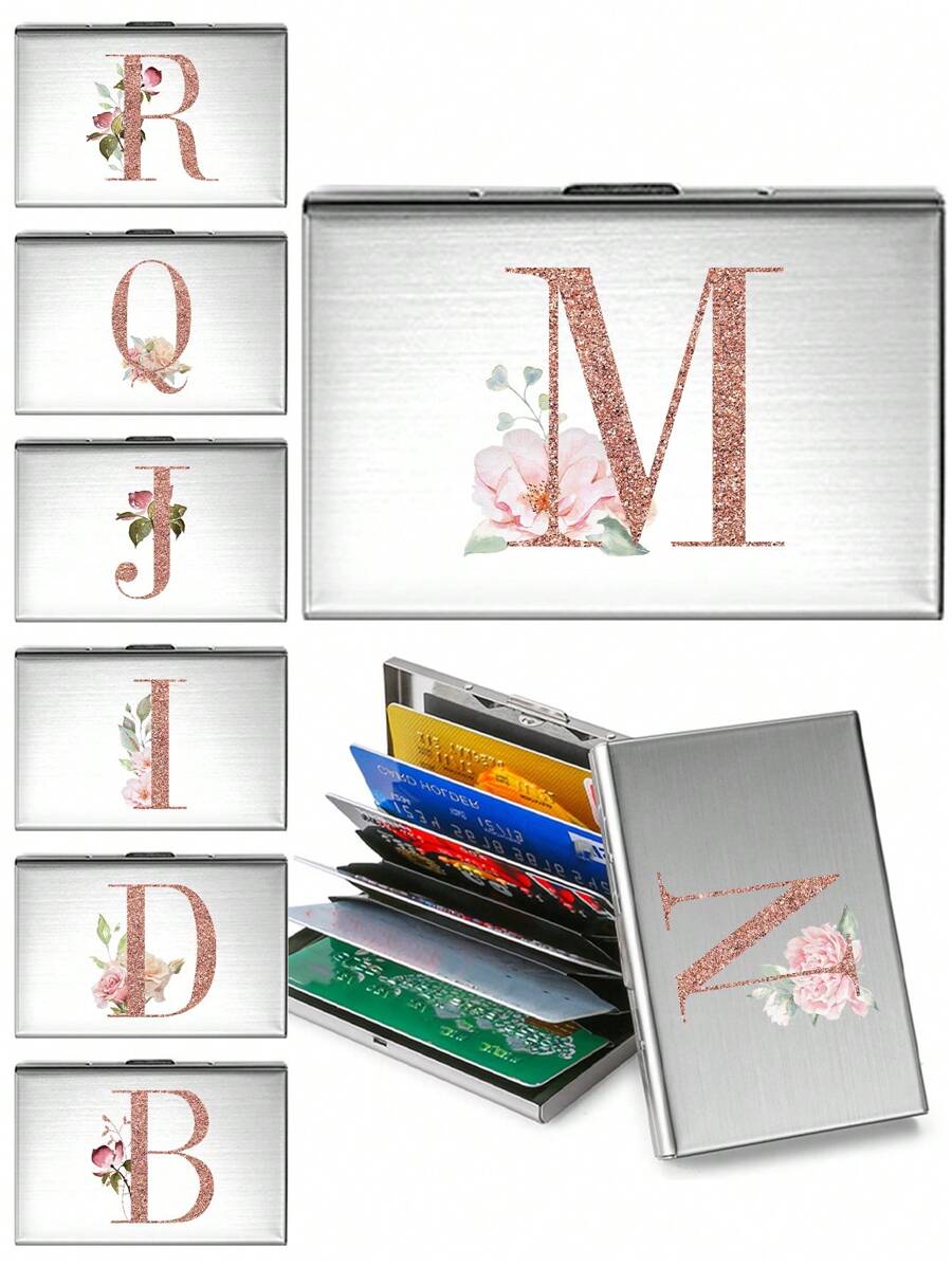 1 件超薄卡片盒玫瑰金首字母名称 A 到 Z 图案钱包 ID 银行简约薄铝金属钱包银行卡盒钱包男士金属 S 收纳盒卡片夹卡片夹钱包名片夹信用卡夹卡片夹女士男士迷你钱包卡片钱包射频识别钱包 - 銀色 - 查看 1