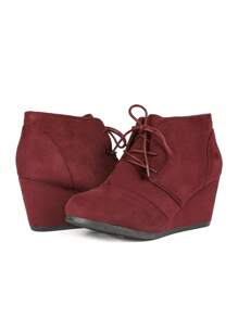 Women's Wedge Boots Casual Fashion Lace Up Low Heel Ankle Booties Shoes - 深紅 - 查看 4