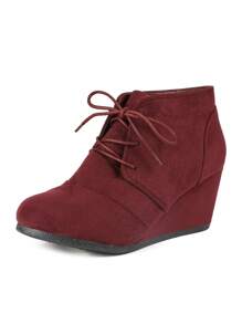 Women's Wedge Boots Casual Fashion Lace Up Low Heel Ankle Booties Shoes - 深紅 - 查看 3