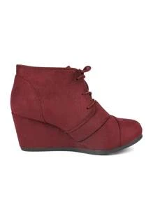 Women's Wedge Boots Casual Fashion Lace Up Low Heel Ankle Booties Shoes - 深紅 - 查看 2