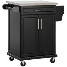 HOMCOM Wooden Kitchen Island On Wheels, Serving Cart Storage Trolley With Stainless Steel Top, Drawer, Side Handle And Rack - Black - View 2