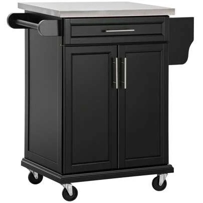HOMCOM Wooden Kitchen Island On Wheels, Serving Cart Storage Trolley With Stainless Steel Top, Drawer, Side Handle And Rack